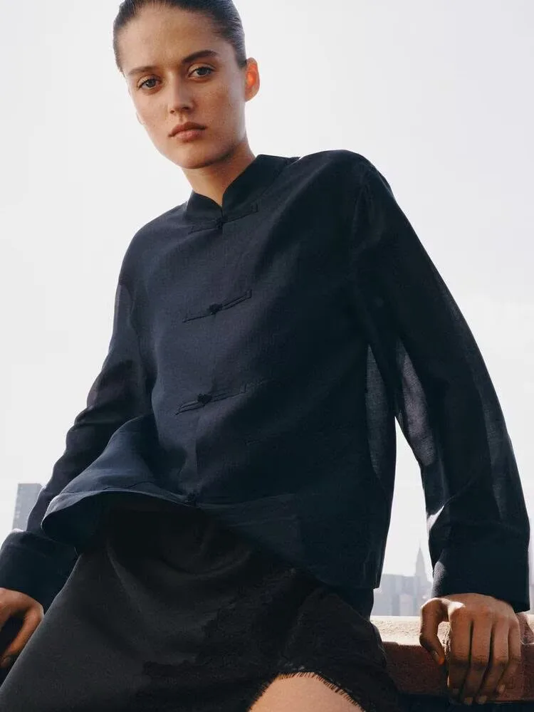 Romantic Long Sleeve Satin New Chinese Style Shirt Women's Top ZA2026 Autumn New Arrival Elegant Fashionable Lady's Wear