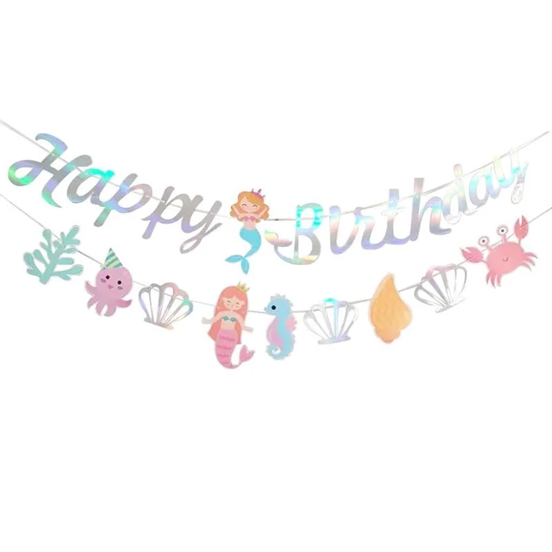 Guirnalda de feliz cumpleaños de sirena, conchas marinas colgantes bajo el mar, pancarta temática para niñas, Baby Shower, decoración de fiesta DIY para el hogar
