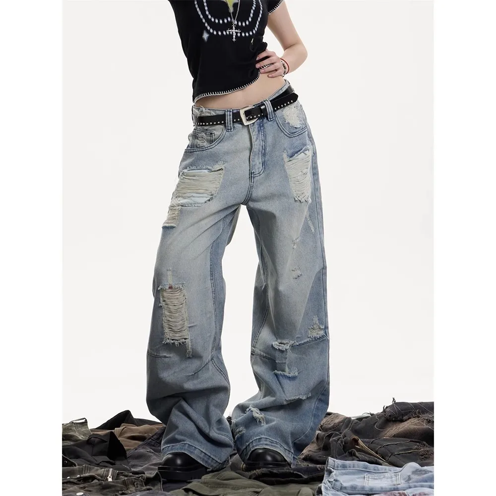 

Джинсы с высокой талией для женщин, модная винтажная уличная одежда в стиле хип-хоп, прямые джинсы с широкими штанинами Y2K, мешковатые джинсовые брюки