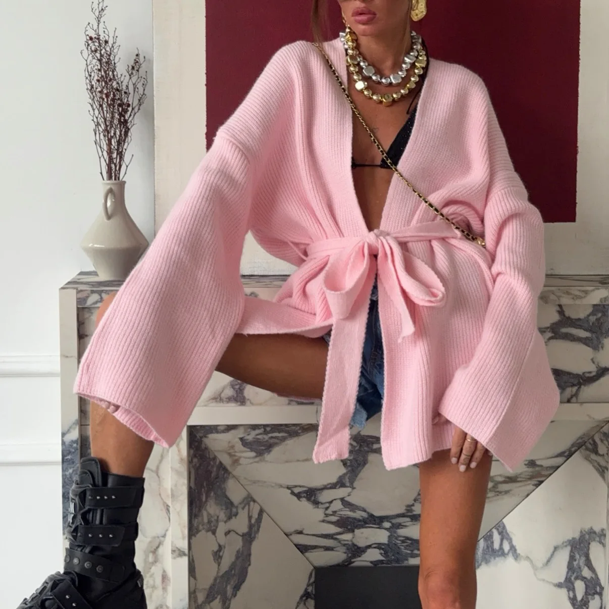 

Autumn Women Cardigan Korean Elegant Pink Knitted Coat Long Sleeve Jacket With Belt Sashe Female Casual Tops High Street Spring