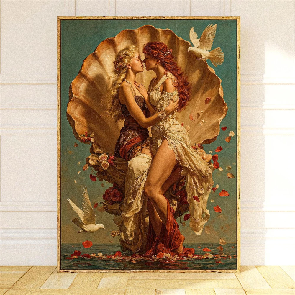 Sapphische Lesbische Kunst Druckposter Rokoko-Venus-inspiriertes Dekor Gotischer Cottagecore Lesbische Liebeskunst Leinwandgemälde Heimdekoration