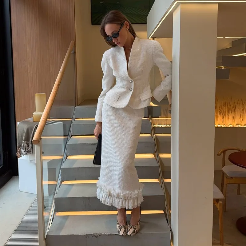 2026 New V Neck Slim Fit White Skirt Suit Women Casual 2 Piece Set Plus Size Elegant Office Outfit