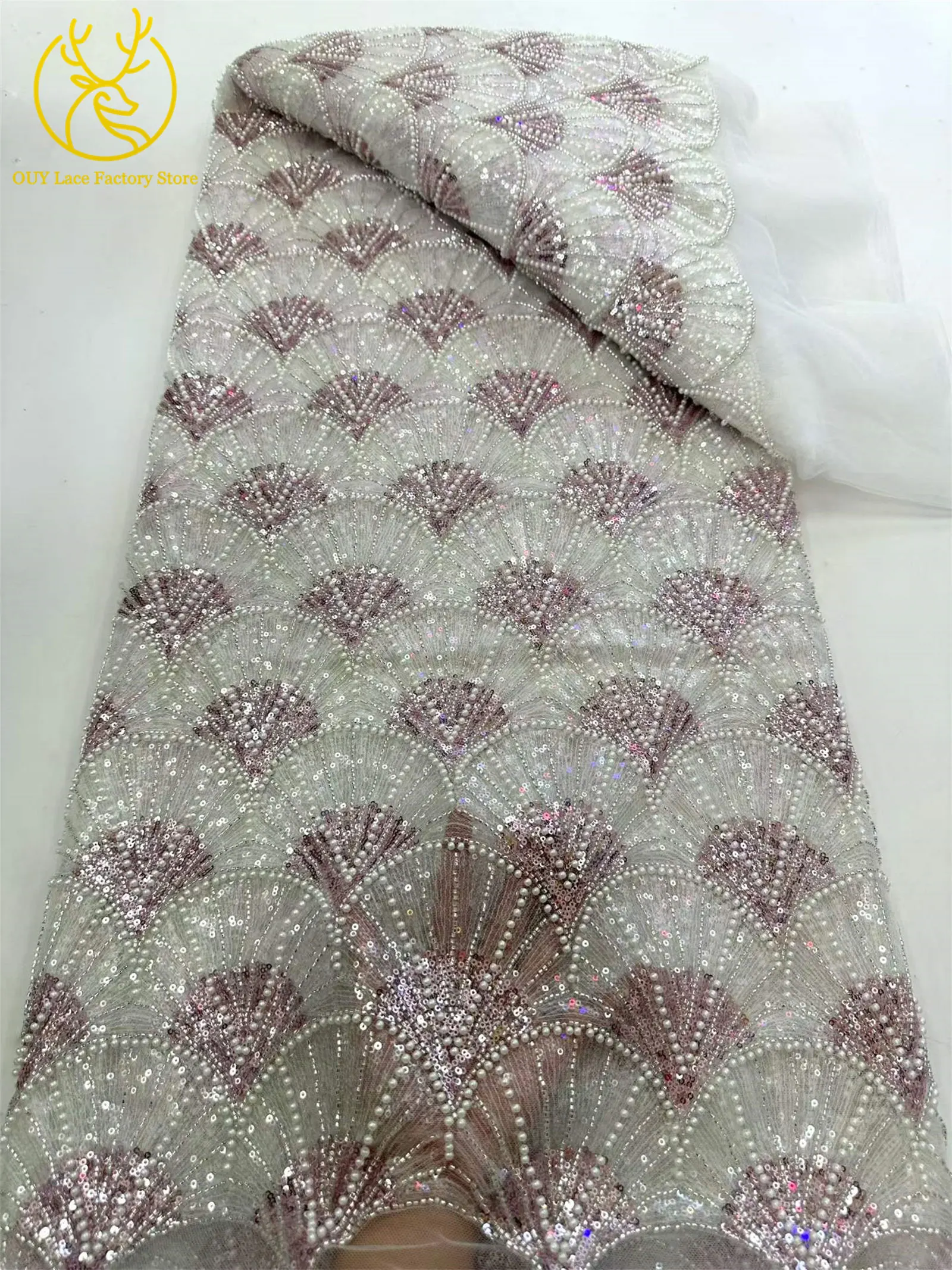 5 Yards Afrikanischer Pailletten-Perlen-Spitzenstoff Hochwertiger Französischer Tüll-Spitzenstoff Nigerianischer Spitzenstoff für Partykleider und Näharbeiten – Detail 9