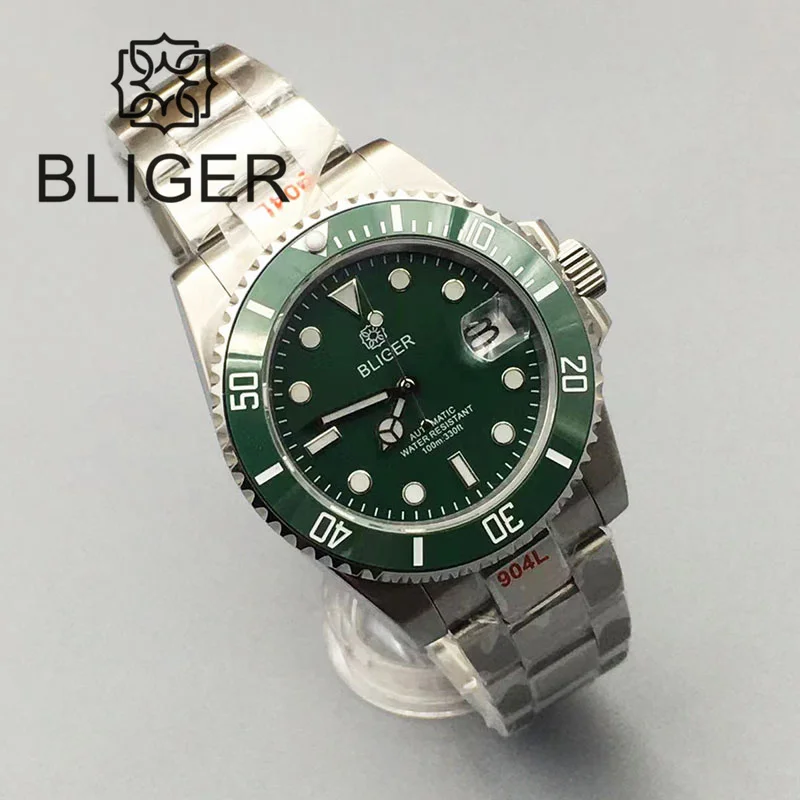 BLIGER Relógio Automático Masculino, Vidro Safira, Inserção Verde, Bracelete Luminoso em Aço Inoxidável, 24Jewel, NH35, 40mm