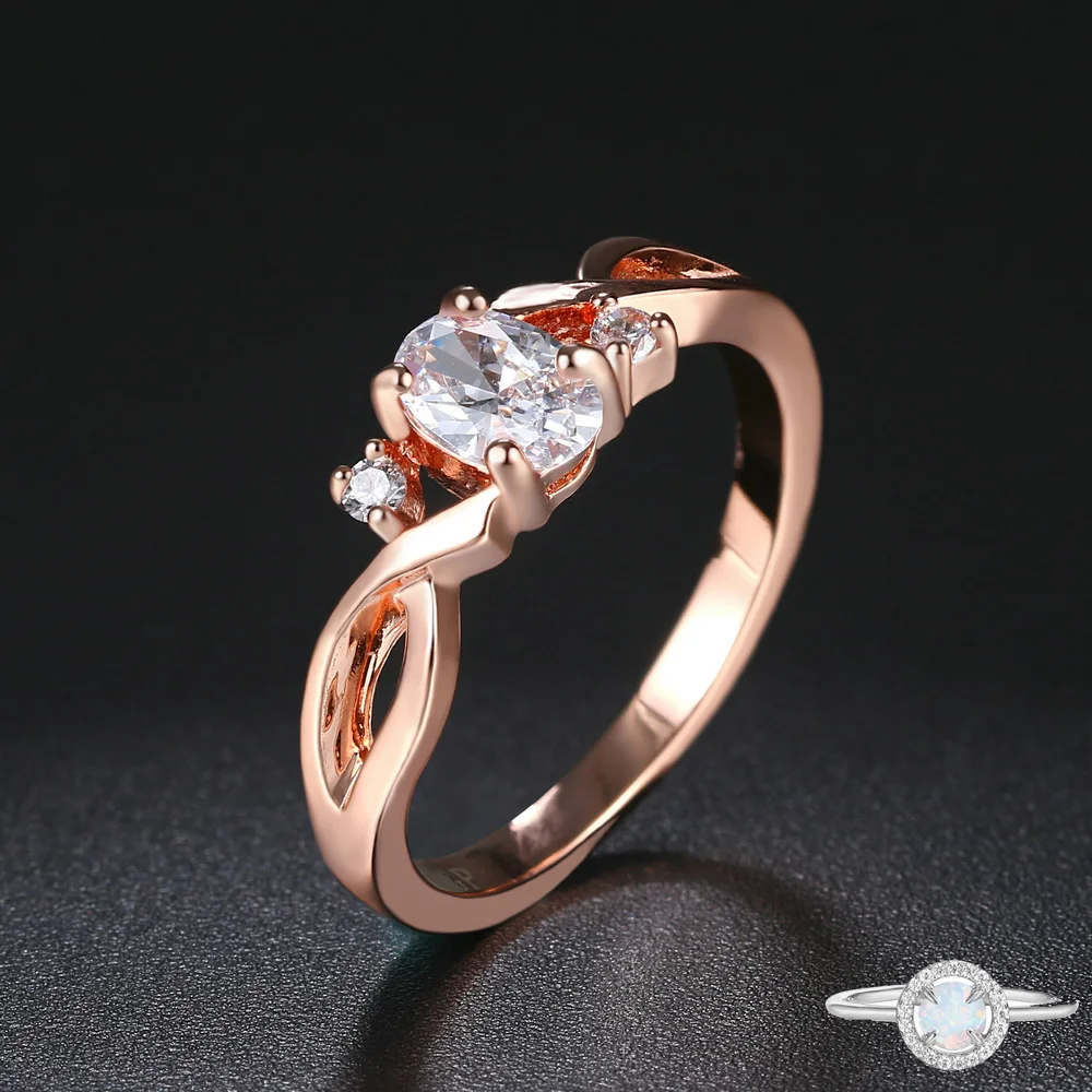 ZHOUYANG Wedding Rings For Women Simple Wavy Shape Four Claw Oval Cubic Zirconia Rose Gold Color Party Gift Fashion Jewelry R785