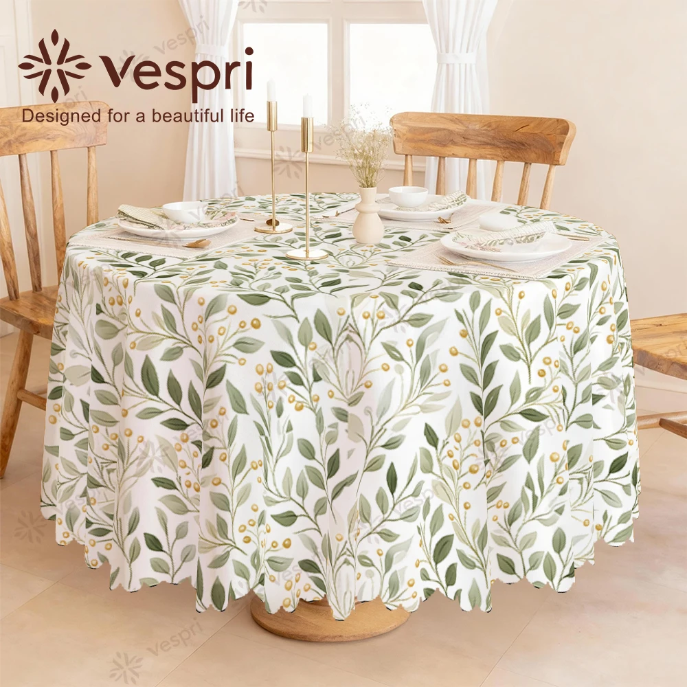 Vespri Spring Tablecloth Floral Easter Design with White Green Leaves Yellow Berries Round Rectangle Oval