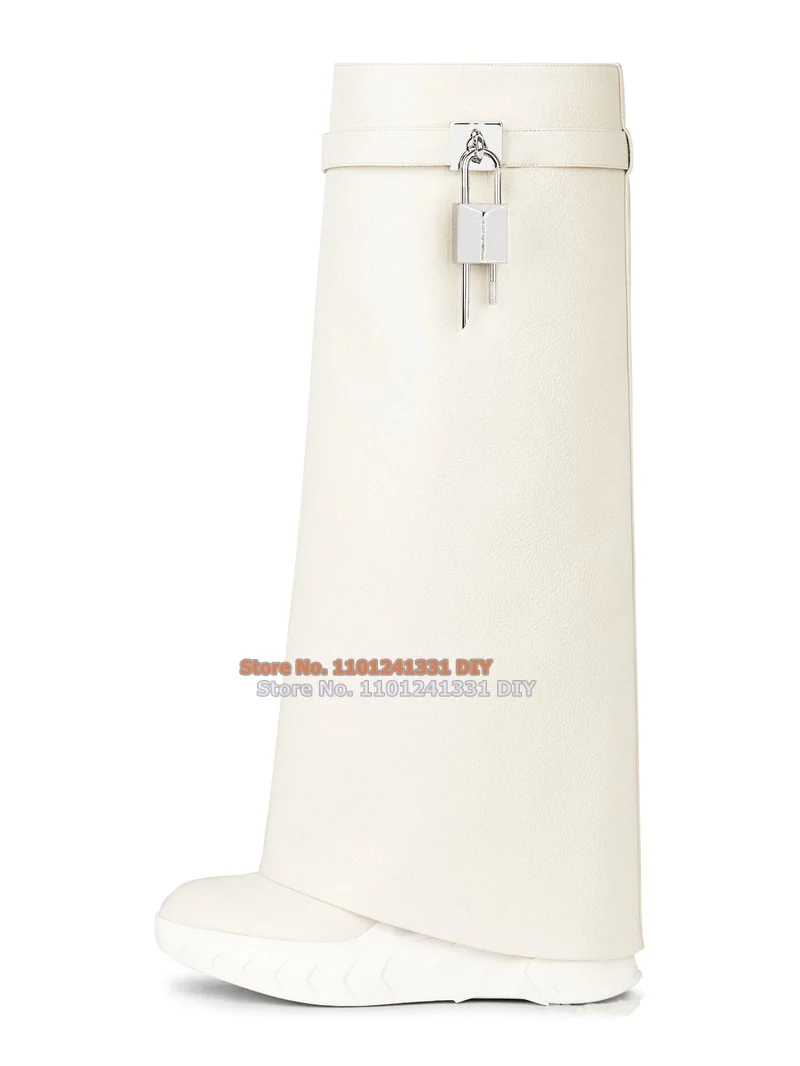 Shark Lock Biker Boots In Grained Leather Knee High Boots Women Metal Clasp with Silver Finish Padlocks Platform Long Boots