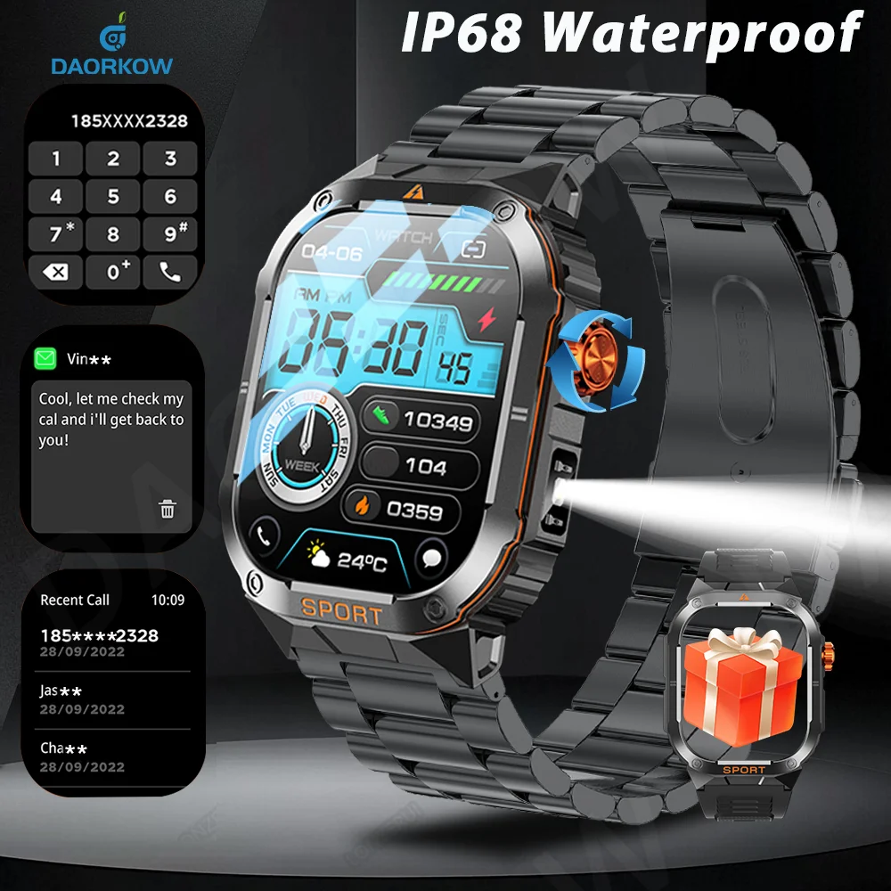 

2025 New Smart Watch LED Flashlight Military Sport Watches 2.01'' Screen Health Monitor Bluetooth Call Waterproof Smartwatch Men