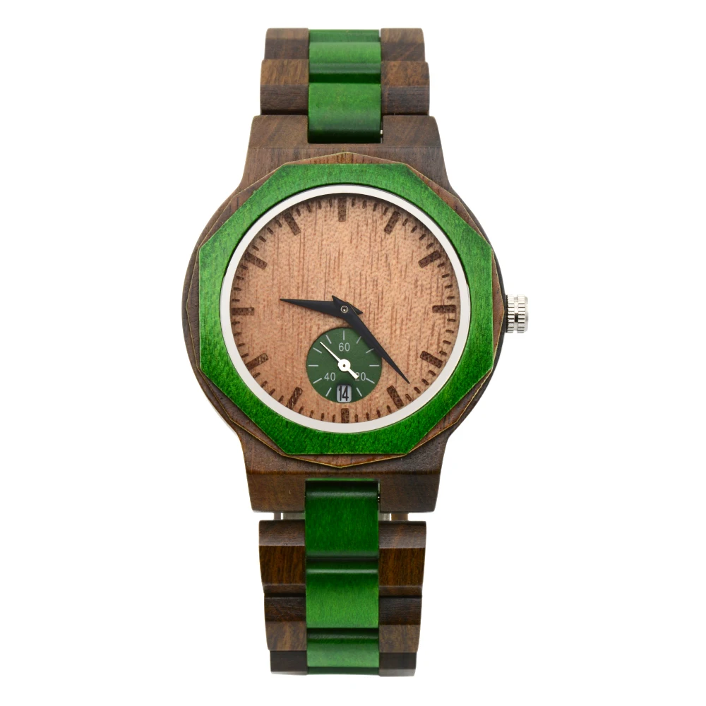 Fashion Men Wood Wrist Watch Calendar Function Coated Glass Round Dial Fold Buckle Light Natural Wooden Watch