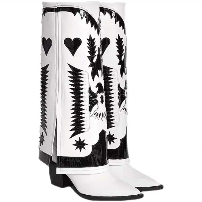 Przyszywany haft kobiety buty do kolan Western Cowboy 2024 jesieล zima nowy buty damskie prawdziwa skรณra Retro buty damskie
