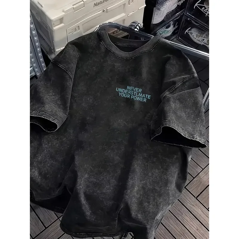 2026 Vintage Acid Wash Graphic T Shirt Featuring Bold Empowering Slogan Oversized Streetwear Cotton Top with Relaxed Fit and