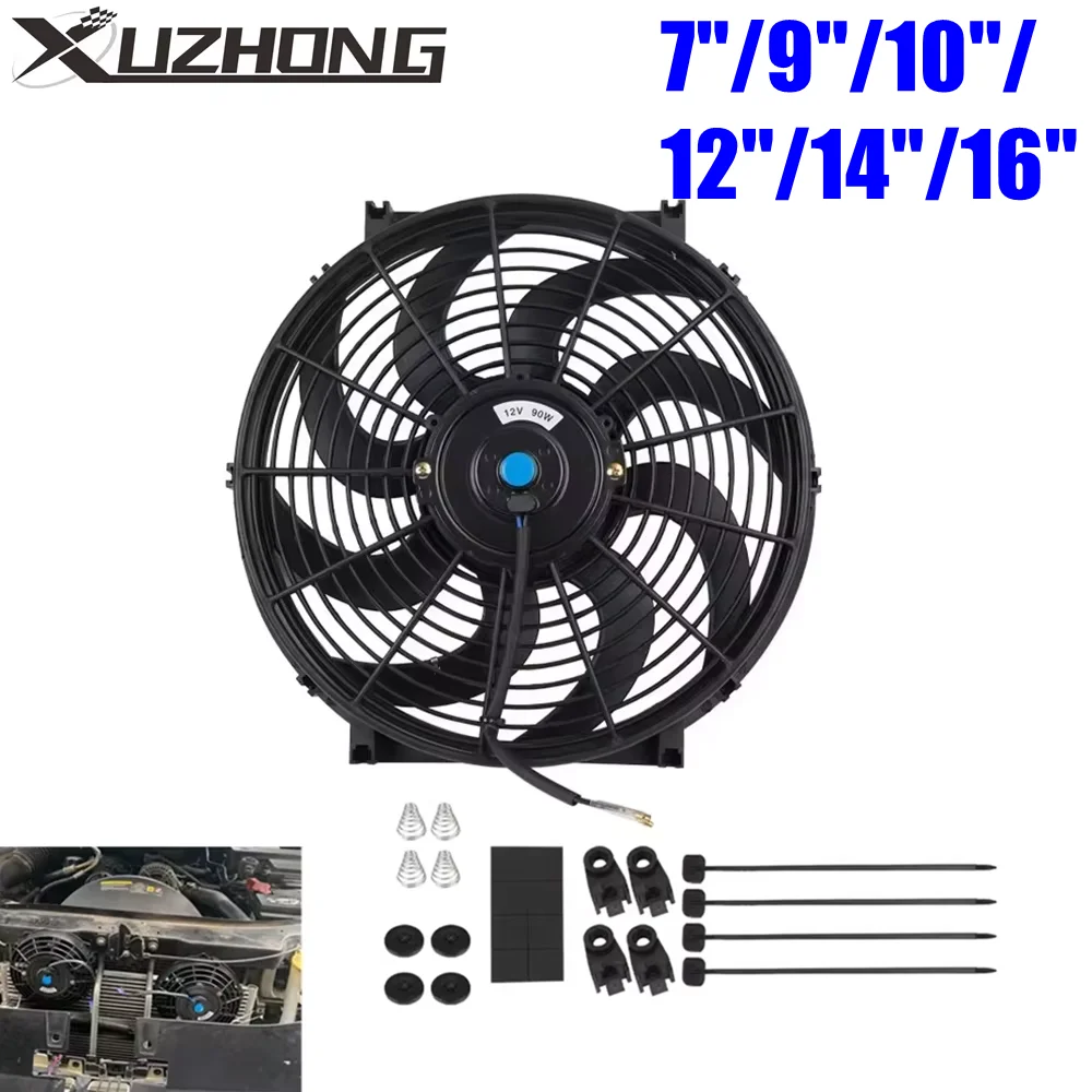 

7/9/10/12/14/16 Inch 12V 80W 2100RPM Universal Car Air Conditioning Cooling Fan Blade Cool Mounting Kit Black