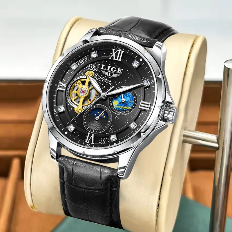 

LIGE New Luxury Men's Automatic Mechanical Wristwatches Fashion Hollow Tourbillon Watch Men Casual Luminous Waterproof Men Watch