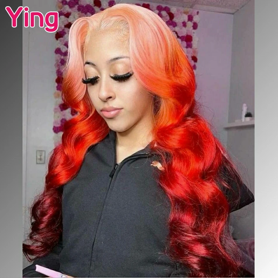 Omber Orange Red Colored 13x4 13x6 Lace Frontal Human Hair Wig Body Wave Brazilian PrePlucked 5x5 Closure Wigs For Black Women