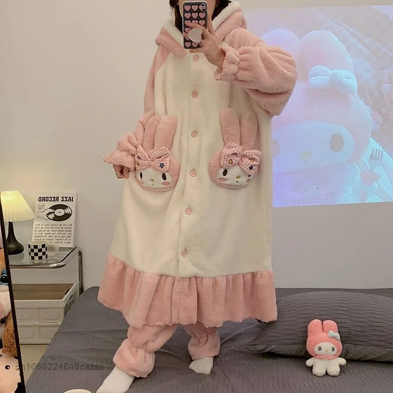 Sanrio My Melody Plush Warm Pajamas Kawaii Cartoon Winter Flannel Thickened Home Wear Set Coral Velvet Cute Home Suit For Women