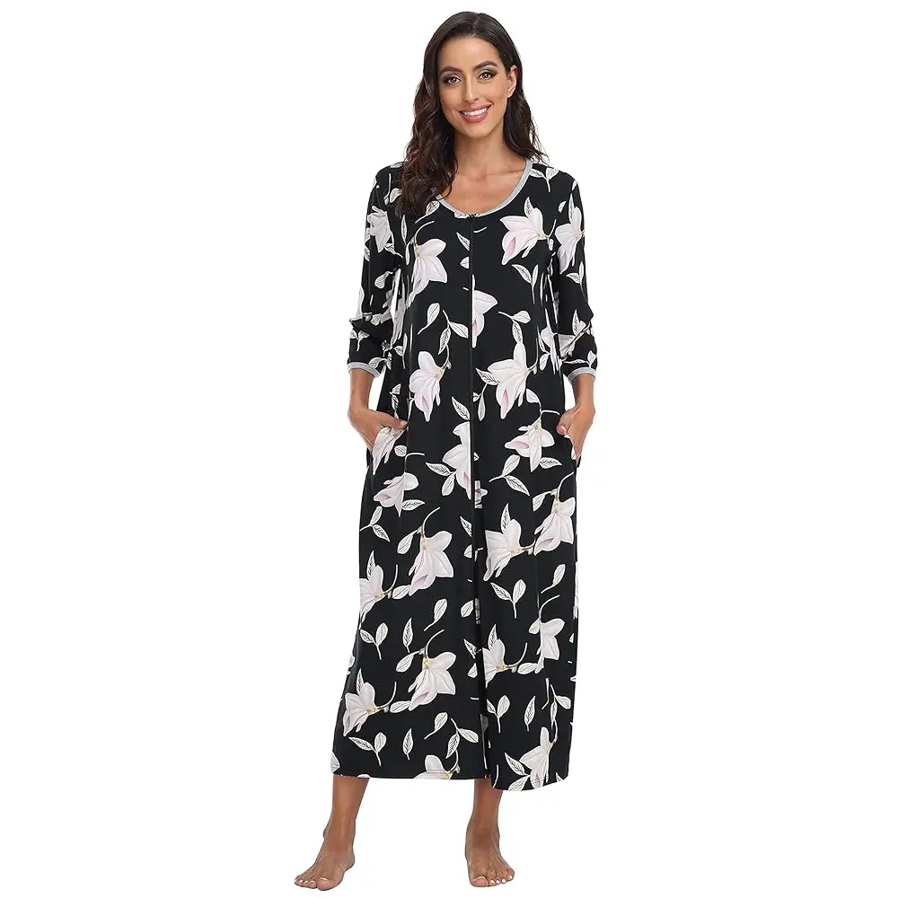 

Женские повседневные халаты на молнии с рукавом 3/4, длинные ночные рубашки, свободная домашняя одежда с карманами