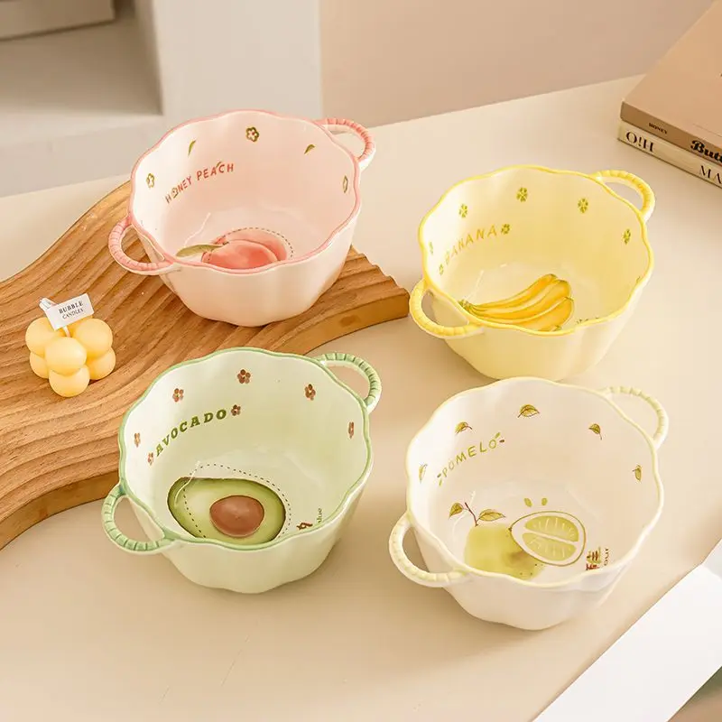 Double Ear Pumpkin Soup Bowl Spoon,Fruit Illustration Underglaze Color Large Capacity Household Dormitory Instant Noodle Bowl
