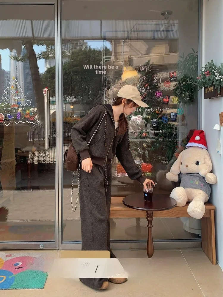 

Winter Fce Lined Hoodie And Pants Women's Casual Two Piece Set Brown Sli New Model Comfortable Polyester Fiber Long Sl...