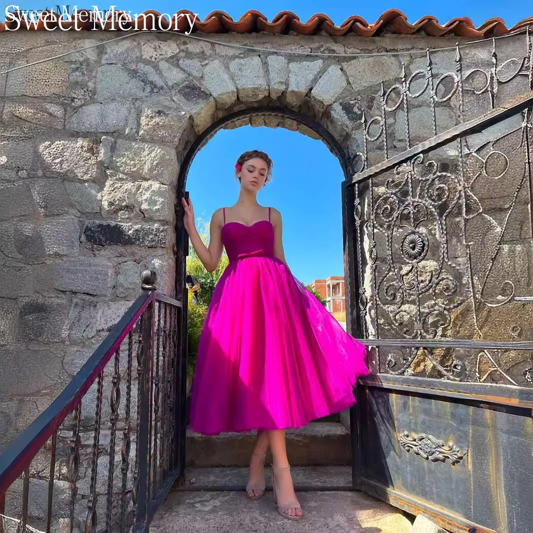 Vestidos de fiesta fucsia verdes personalizados, tirantes finos, vestidos de fiesta de bienvenida de tul, ropa de fiesta de invitados de boda con memoria dulce