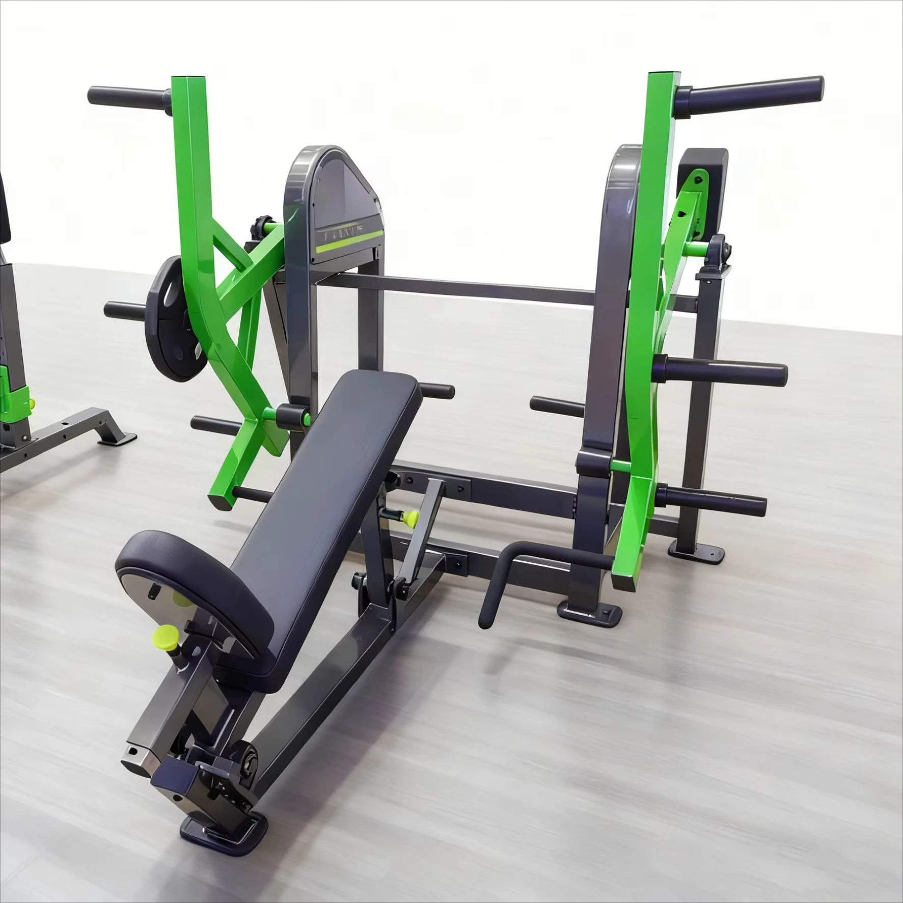 معدات الصالة الرياضية الاحترافية، لوحة ثقيلة محملة في صالة الألعاب الرياضية، آلة التجديف، تدريب القوة، رفع الطاقة، الصف المتطرف لصالة الألعاب الرياضية