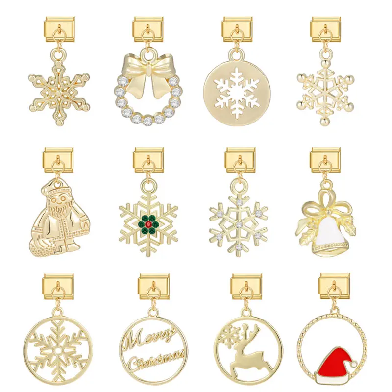 Youvelst Christmas Gift Snowflake Snowman Bell Hat Elk Italian Charm Links Fit 9mm Bracelet Stainless Steel DIY Jewelry Making