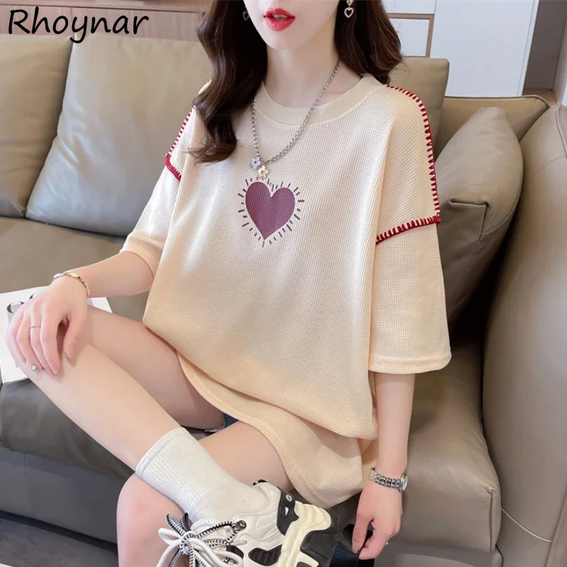 Baggy T-shirts Women O-neck Tops Heart-Print Vintage Y2k Clothes Summer American Streetwear Designer Fashion Футболка Женский