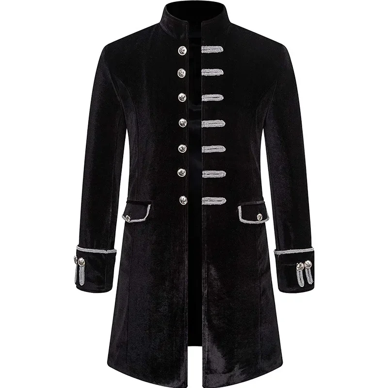 European And American Men's Solid Color Fashion Steampunk Retro Velvet Uniform Stand Collar Coat