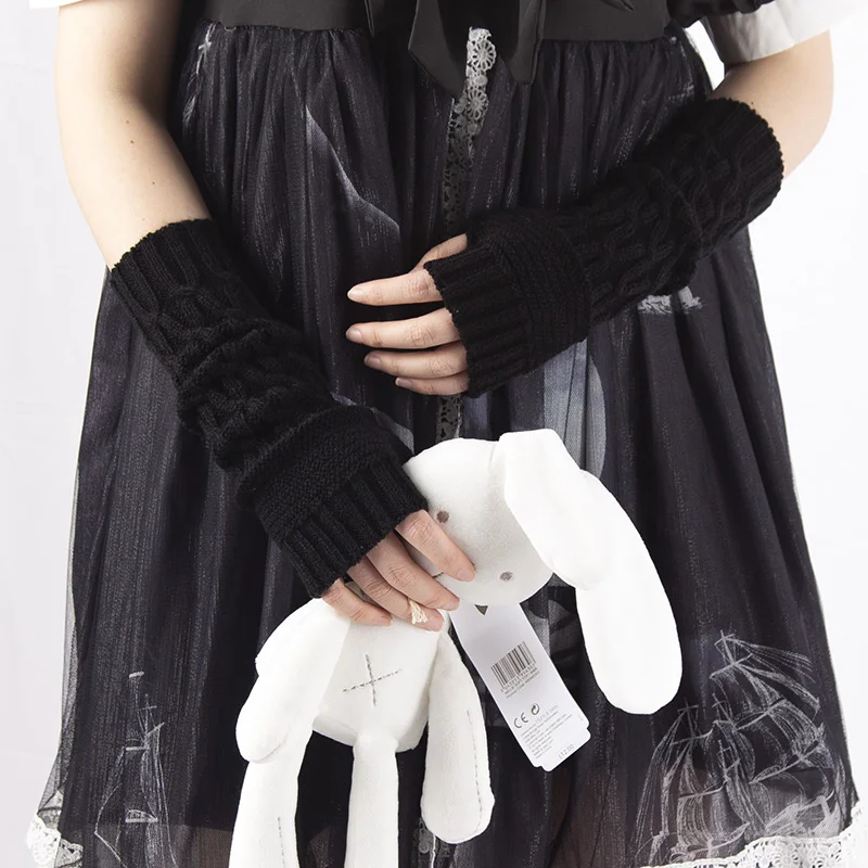 Women Knitted Gloves Half Finger Arm Cover Gothic Lolita Knitted Long Glove Girls Hand Warmer Winter Mittens Fingerless Gloves