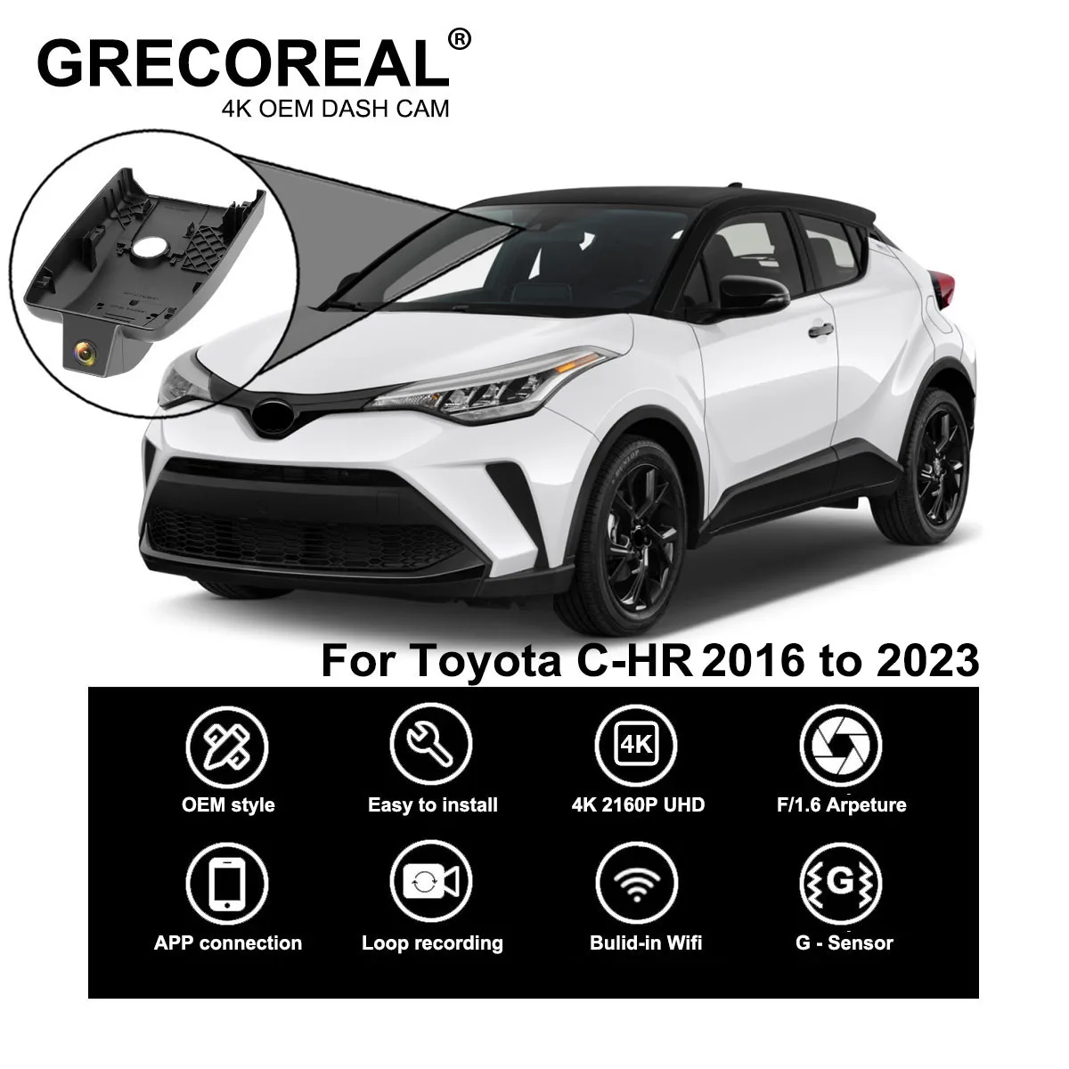 GRECOREAL 4K Kamera samochodowa przednia i tylna 2160P WiFi Kamera samochodowa Dual Dashcam APP Control Plug Play Kompatybilny z Toyota C-HR CHR