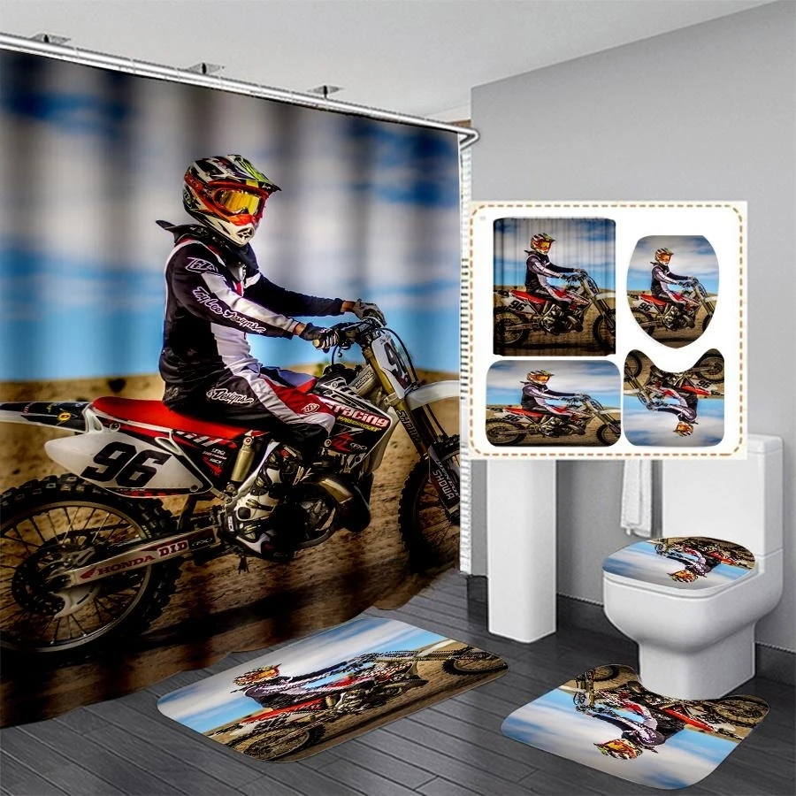 

Motorcycle Motocross Shower Curtain Waterproof Polyester Bathroom Curtains with 12 Hooks 4pcs Set Anti-slip Bath Mat Toilet Rugs