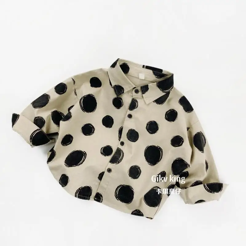 

2026 Spring New Children Long Sleeve Shirts Cotton Boys Polka Dot Lapel Shirts Toddler Girls Casual Tops Coat Kids Clothes