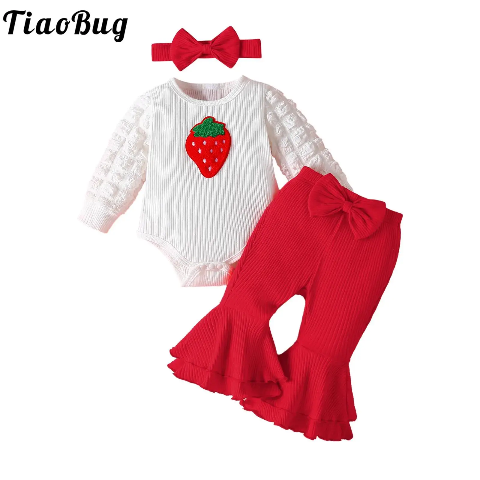 

Infant Baby Girls Clothing Outfits Long Sleeves Strawberry Ribbed Bodysuit with Bell-Bottom Pants And Headwear for Holiday Party