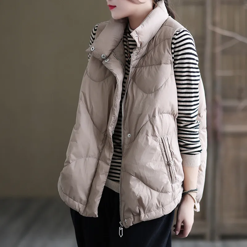 Warm Oversize Down Waistcoat Jacket Autumn Winter Women Thicken White Duck Down Vest Ladies Stand Collar Short Sleeveless Coat