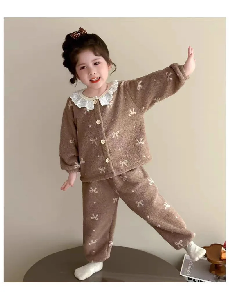 1-8Y أطفال بنات المرجان بيجامة من الصوف مجموعات Bowknot طباعة الدانتيل طوق كم طويل بلوزات وسراويل دافئة رقيق ملابس خاصة المتسكعون
