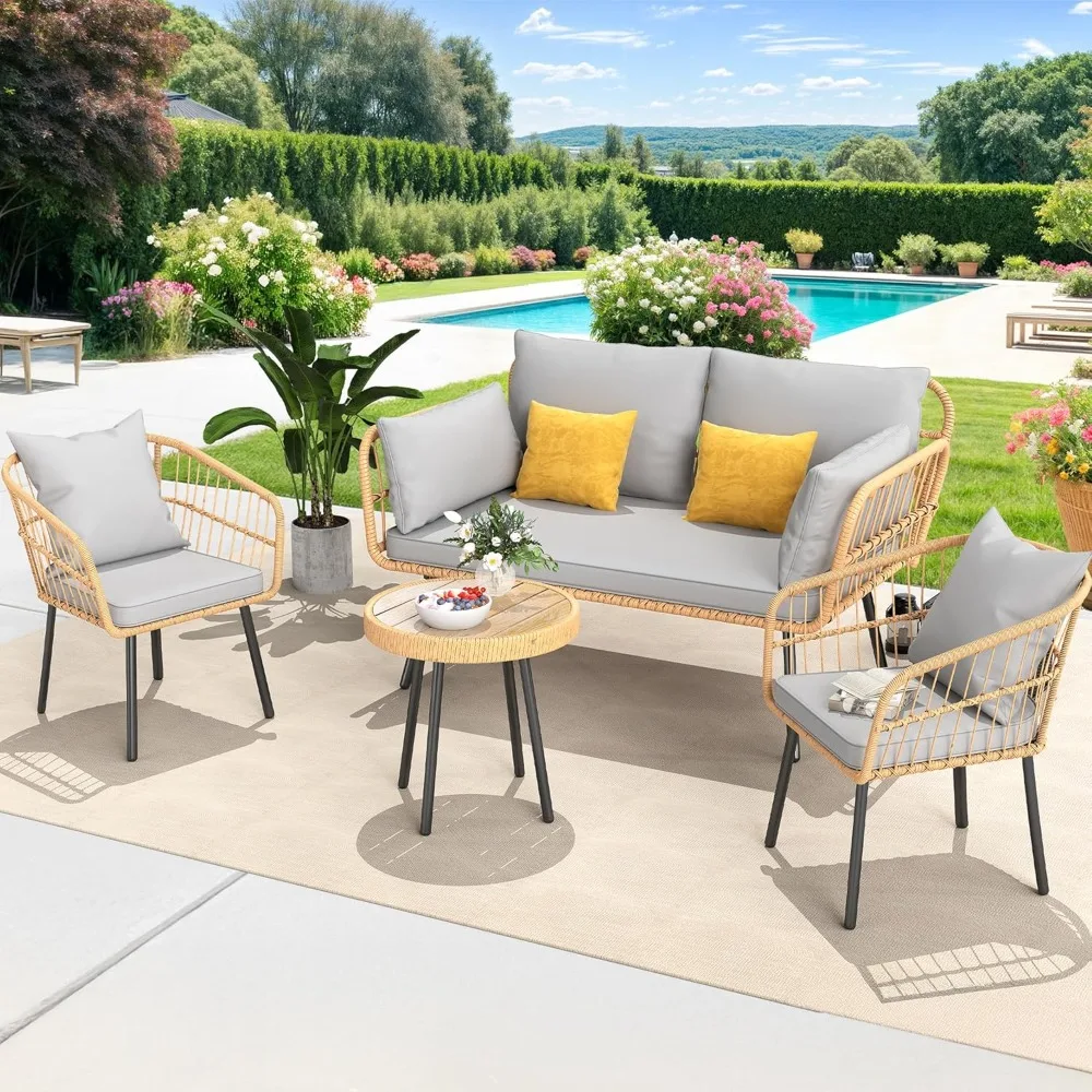 

4 Pieces Patio Furniture Set, Outdoor Wicker Bistro Set, All-Weather Rattan Patio Conversation Set with Loveseat Chairs