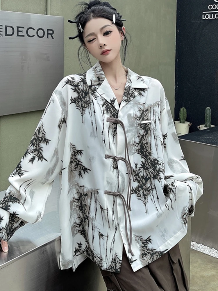 SONNEESD Chinese Style Bamboo Printing Full Sleeve Minimalist Shirt For Women Loose Button Safari Style Graffiti Pendulous Top