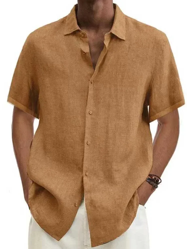 Blusa de lino y algodón para hombre, blusa holgada de manga corta con botones, cuello vuelto, Tops de verano, S-5XL