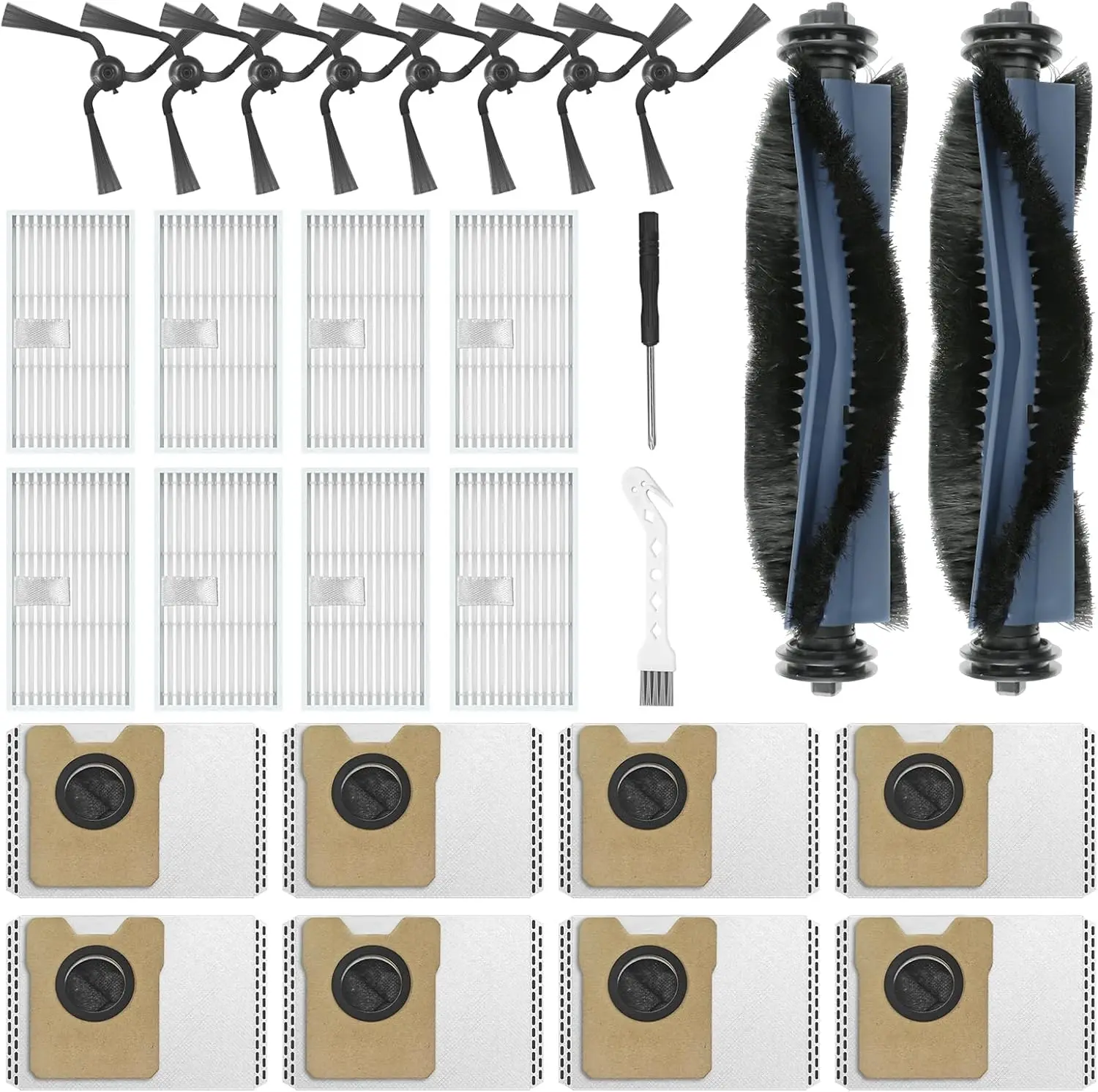 

28-Pack Replacement Parts for Self-Emptying Robot Vacuum: 2 Roller Brushes, 8 Side Brushes, 8 Filters, 8 Dust Bags