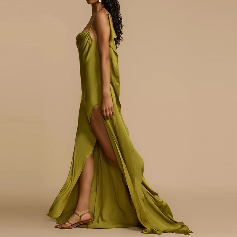 Sexy Satijn Diepe V Backless Feestjurk Vrouwen 2025, Solid Hoge Split Volledige Cocktail Avondjurk Elegante Bretels Gala Jurken