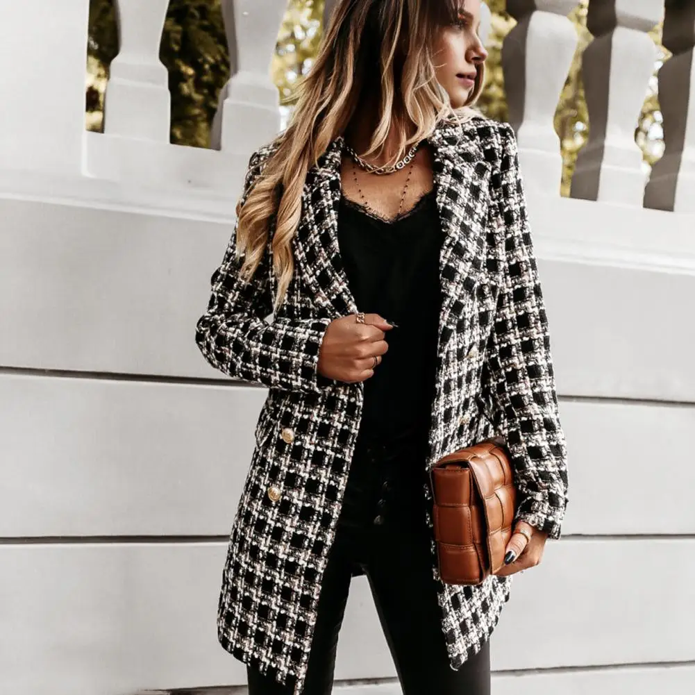 Damen Frühlings jacke stilvolle Plaid druck Zweireiher Mantel für Frauen warme mittellange Jacke für den Winter Herbst für Dating