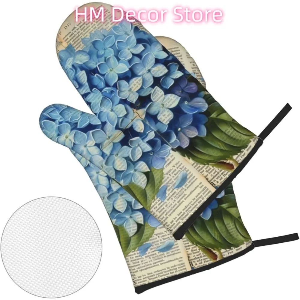 Hydrangea Old Book Page Oven Mitts and Pot Holders Sets of 4, Cute Heat Resistant Oven Mitts - Non-Slip Cooking Gloves for Kitch