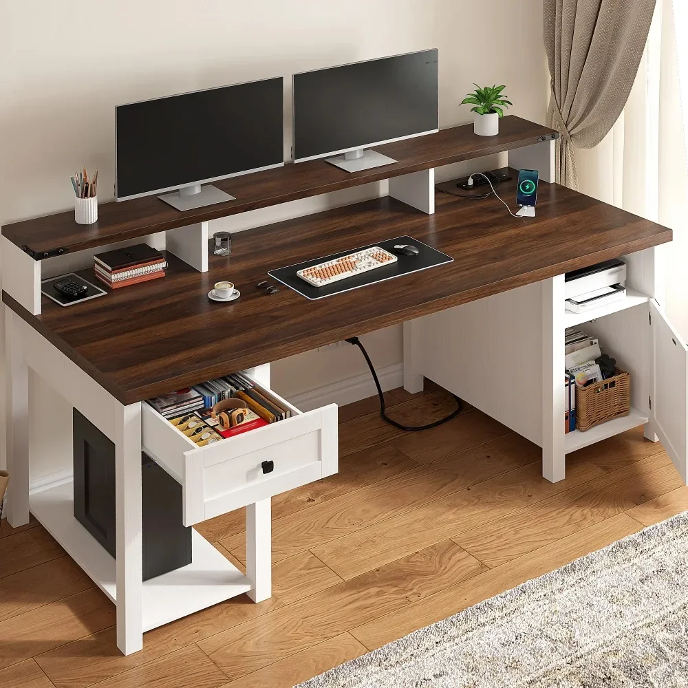 

55" Computer Desk, Office and Charging Station Desk with Power Outlet, Farmhouse Desk with Drawers, Monitor Stand