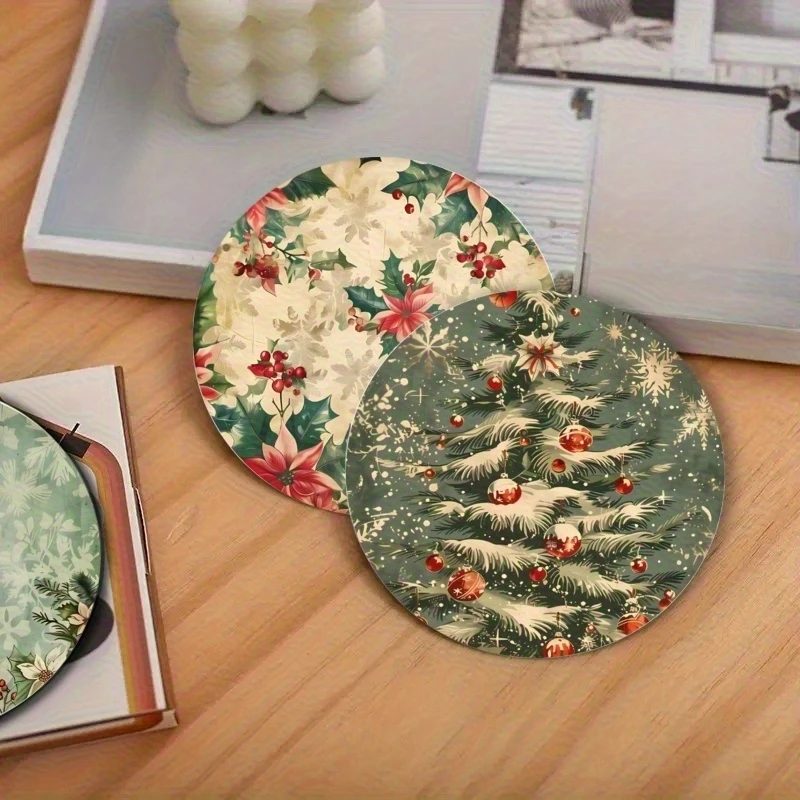 2D Vintage Christmas Decorative Mat 4in Wooden Round Coaster Winter Plants Christmas Tree Art Tableware Mat Christmas Decora