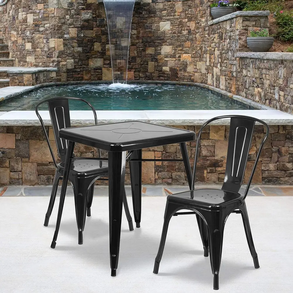 

23.75 Square Black Metal Table Set with 2 Stackable Chairs for Indoor and Outdoor Use