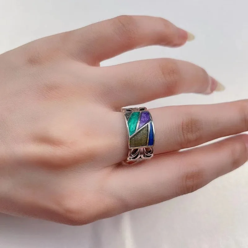 Creative Design 925 Silver Enamel Wide Style Colorful Splicing Rings for Women Exquisite Art Style Ring Banquet Jewelry Gift