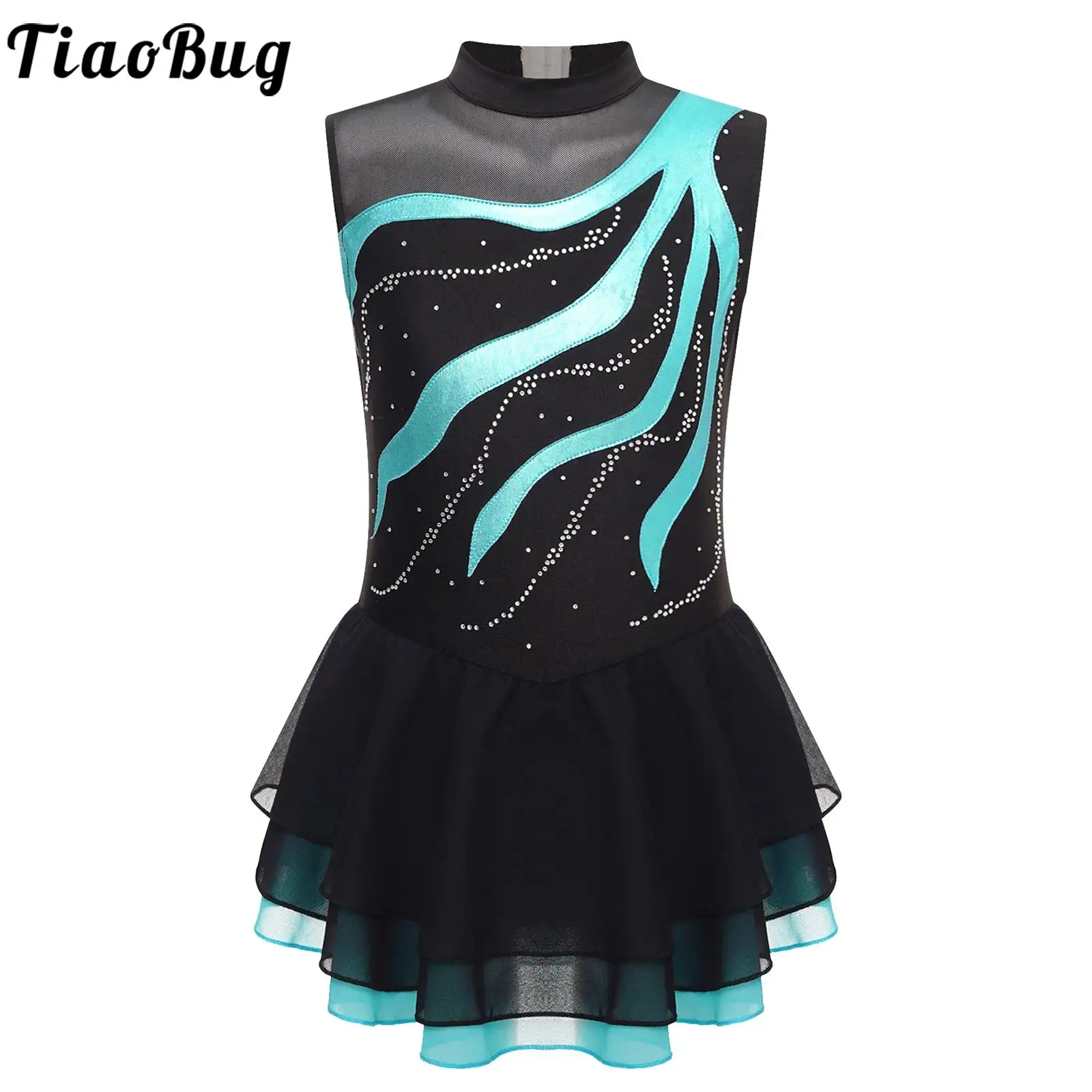 

Kids Girls Figure Skating Dress Leotard Skater Skating Performance Costume Sleeveless Rhinestones Gymnastic Ballet Dancewear