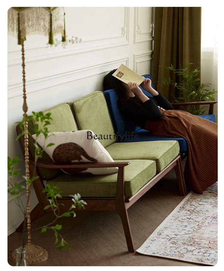 

LD33Leisure Bench North American Retro Solid Wood Sofa Living Room Small Apartment Black Walnut Wooden Padded Armchair