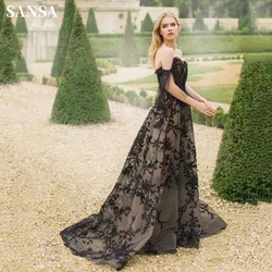 Sansa Gorgeous Black And Champagne A-line فساتين السهرة Sexy Off Shoulder Vestidos De Noche Luxury Lace Embroid Prom Dress