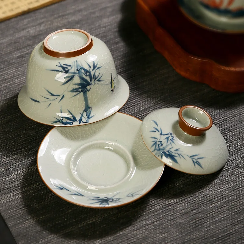 Ge Kiln Hand-painted Three-Talent Covered Bowl Suspended Tea Cup Blue and White Underglaze Color Kung Fu Tea Set Can Be Nurtured
