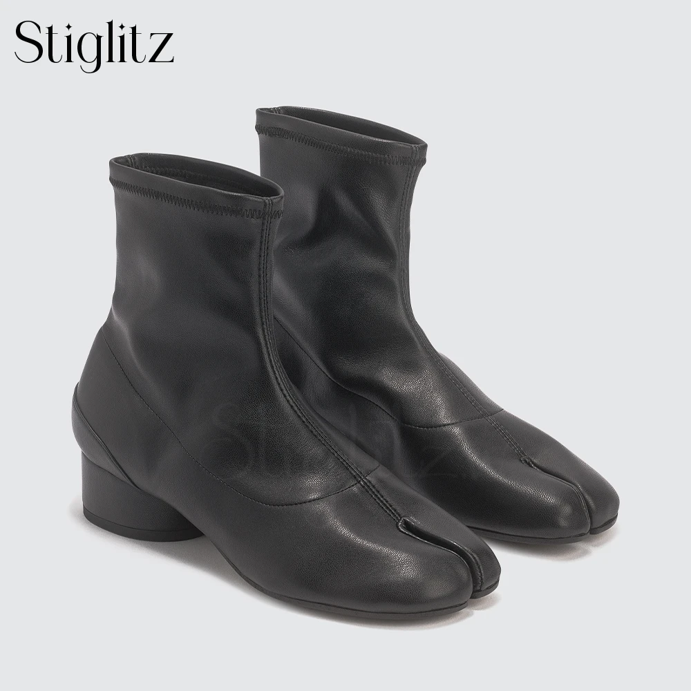 

Stretch Leather Tabi Ankle Boots Back White Stitching Low Cylindrical Block Heel Booties Grained Leather Split Square Toe Boots